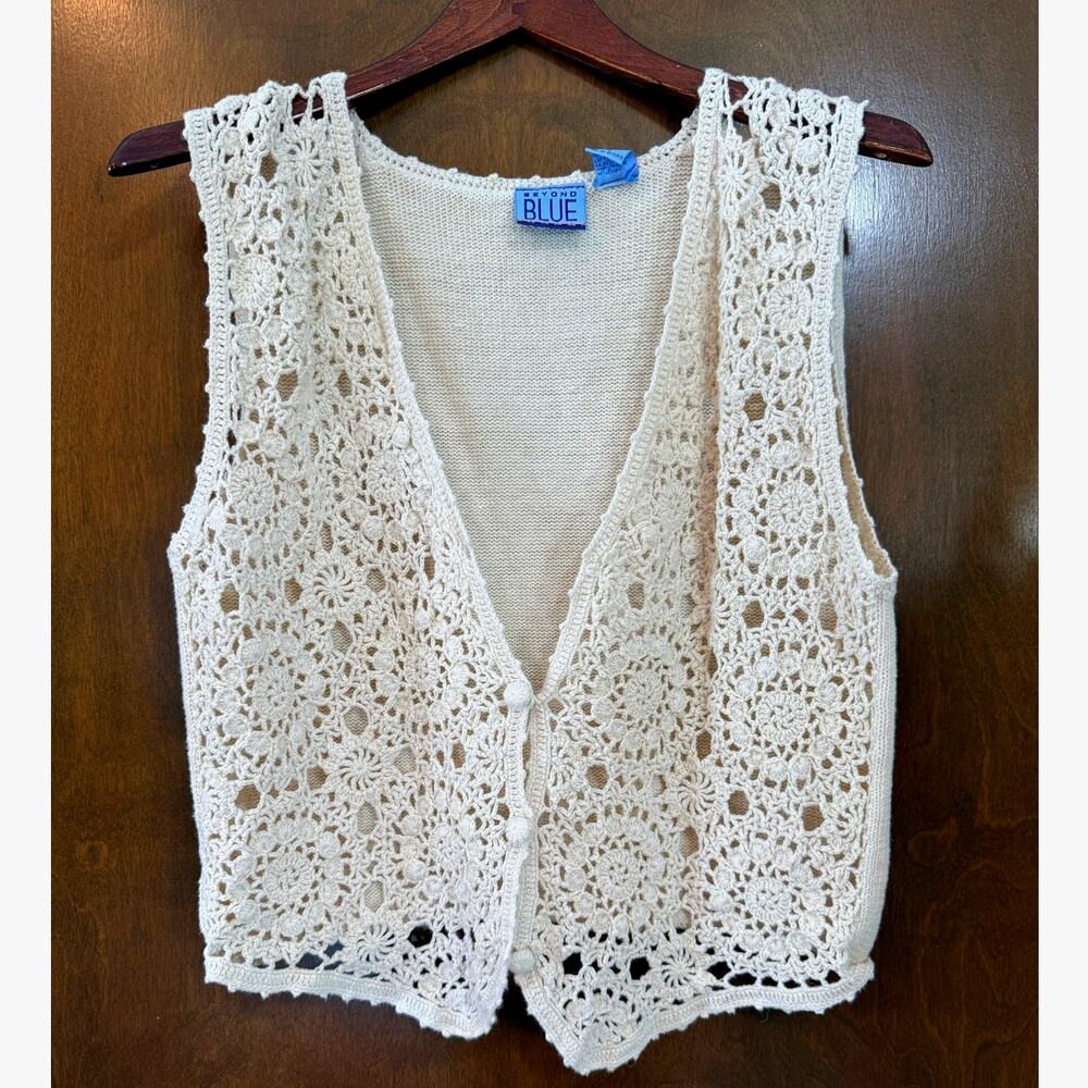 90s vintage Beyond Blue cream colored cotton and ramie crochet vest